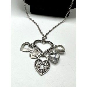 Long Silver T. Necklace with Pewter Heart Pendant + 5 Pewter Heart Charms 36"